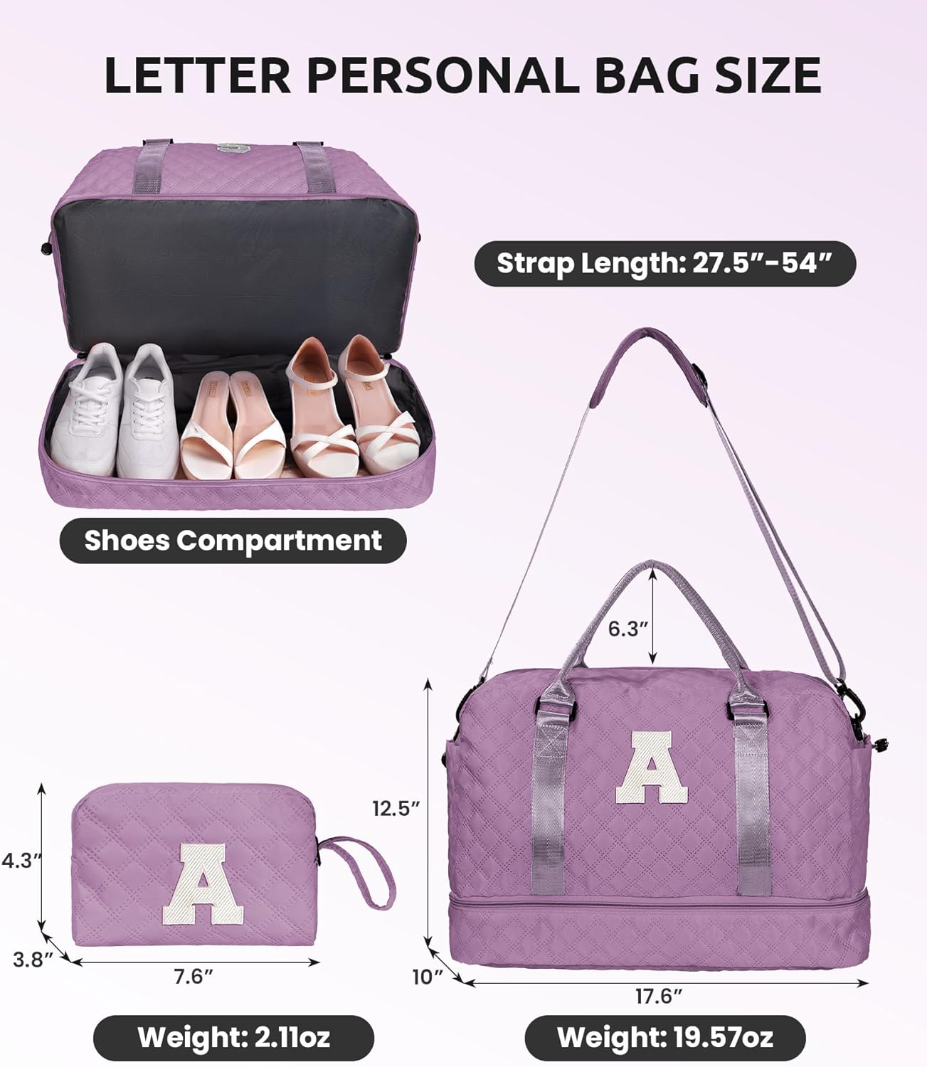 Women Gifts-Duffle Bags with Shoe Compartment, Personalized Weekender Bag, Overnight Bag, Tween Travel Bag with Makeup Bag，Birthday Gift Graduate Gifts for Her (Letter T) - Roamly