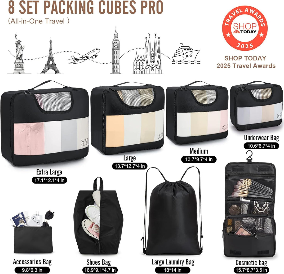 Veken 10 Set/8 Set Packing Cubes for Travel Essentials, Suitcase Organizer Bags in 4 Sizes, Carry-On Luggage Accessories with Large Laundry & Toiletry Bag, Must-Have for Airplane, Road Trip & Camping - Roamly