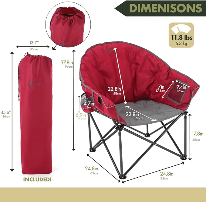 ARROWHEAD OUTDOOR Oversized Heavy-Duty Club Folding Camping Chair with Pocket, Cup Holder, Portable, Padded, Moon, Round, Saucer, Supports 330lbs, Carrying Bag