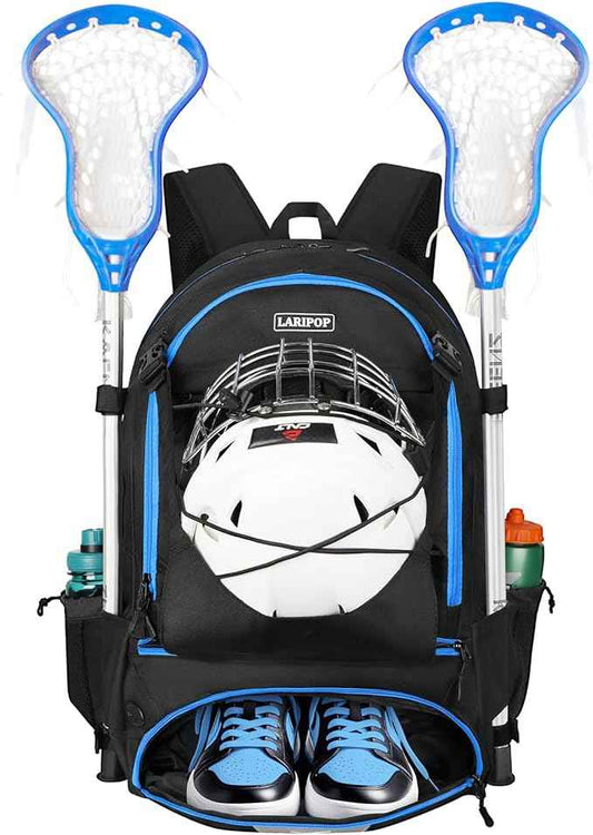 LARIPOP Lacrosse Bag Extra Large Backpack with Stick Holders & Helmet Compartment for Men Women Youth