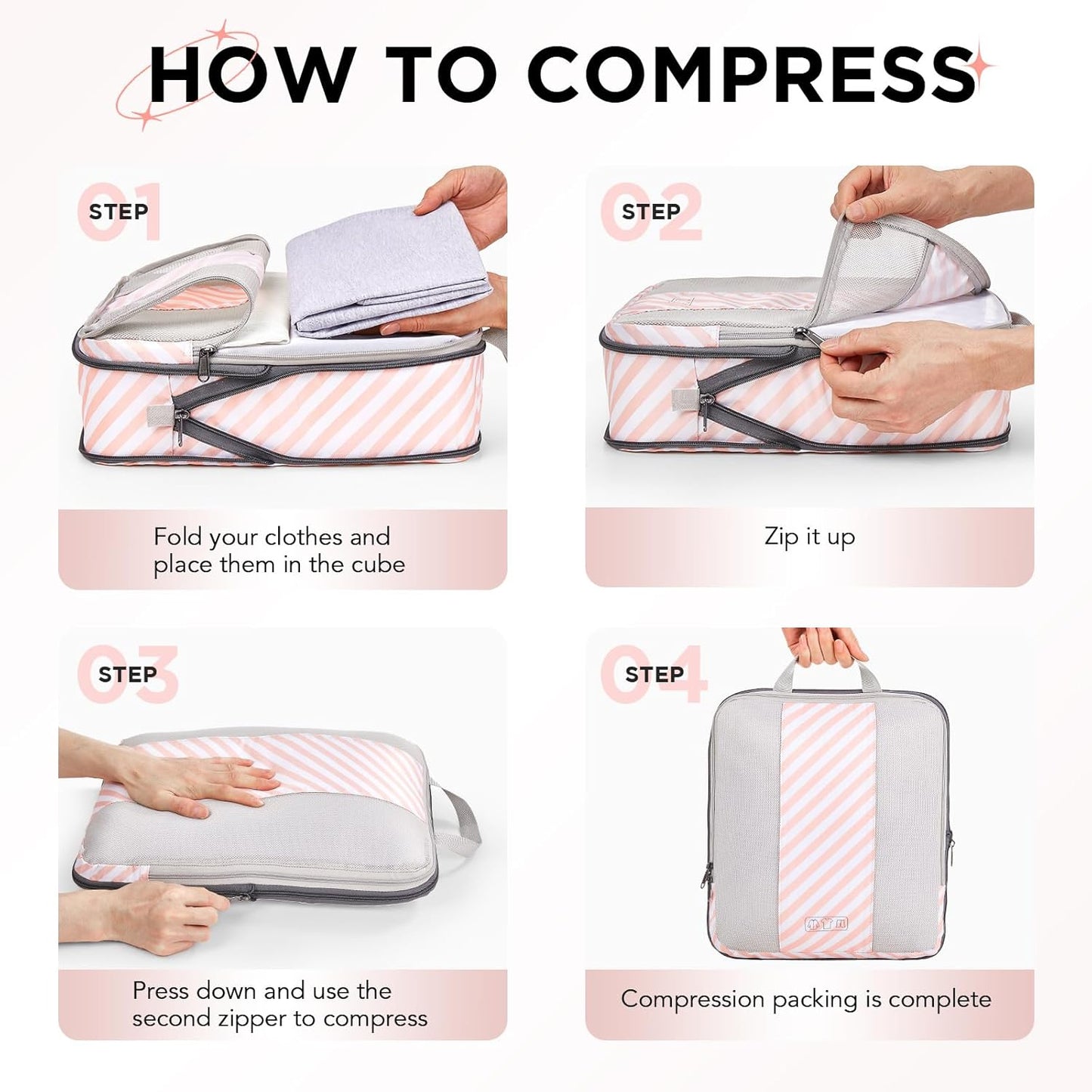 10 Set Compression Packing Cubes for Travel Essentials,Compressible Expandable Packing Cubes for Suitcase,OlarHike Luggage Organizer Bags for Travel,Handy Helper for Organizing Clothes(Pink Stripped) - Roamly