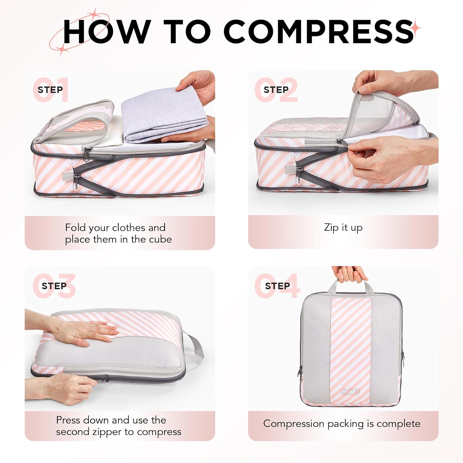 10 Set Compression Packing Cubes for Travel Essentials,Compressible Expandable Packing Cubes for Suitcase,OlarHike Luggage Organizer Bags for Travel,Handy Helper for Organizing Clothes(Pink Stripped) - Roamly