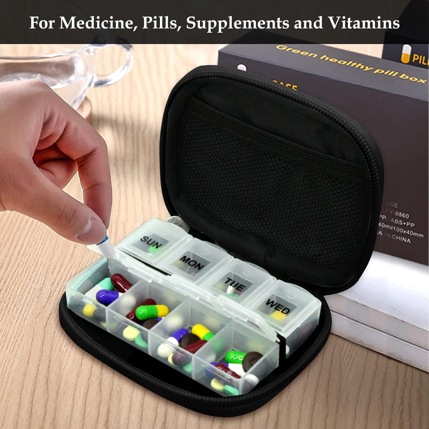 Serfeymi Weekly Travel Pill Organizer Pill Case for Purse with Removable 7 Day Pill Box, Fashionable Travel Medicine Organizer Pill Container for Medicine, Vitamin, Supplement - Black 02 + Pill Box