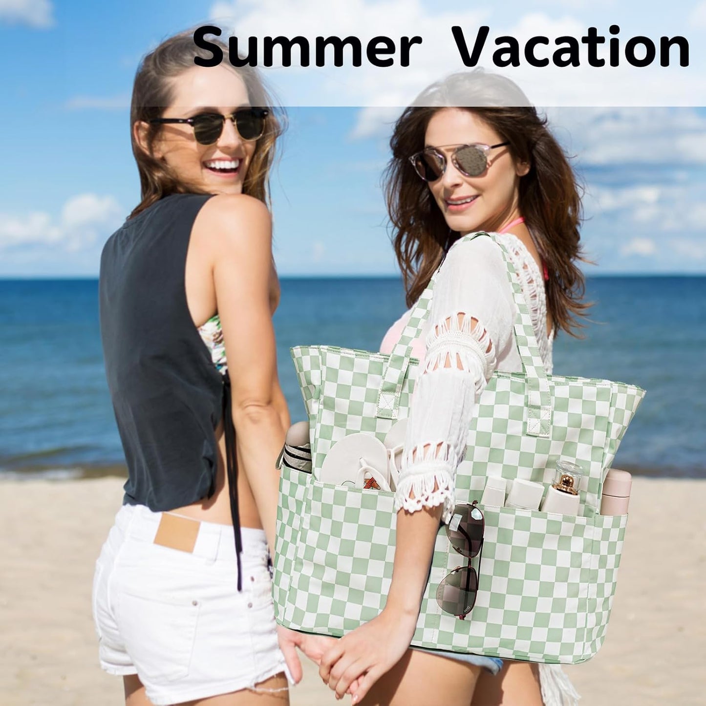 LEDAOU Large Beach Tote Bag Women Waterproof Sandproof Zipper Beach Tote Bag for Pool Gym Grocery Travel with Wet Pocket - Roamly