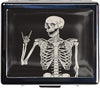 Silver Vintage Pill Box 7 Day Metal Pill Box with Mirror and 8 Compartments Cute Travel Pill Organizer for Purse (Rock and Roll Skull Skeleton)
