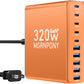 320W USB C Charger Block, 10-Port USB C Charging Station GaN III PD 65W Laptop Fast Charger Adapter for MacBook Pro/Air, DELL, iPad, iPhone, Samsung Galaxy (Orange)