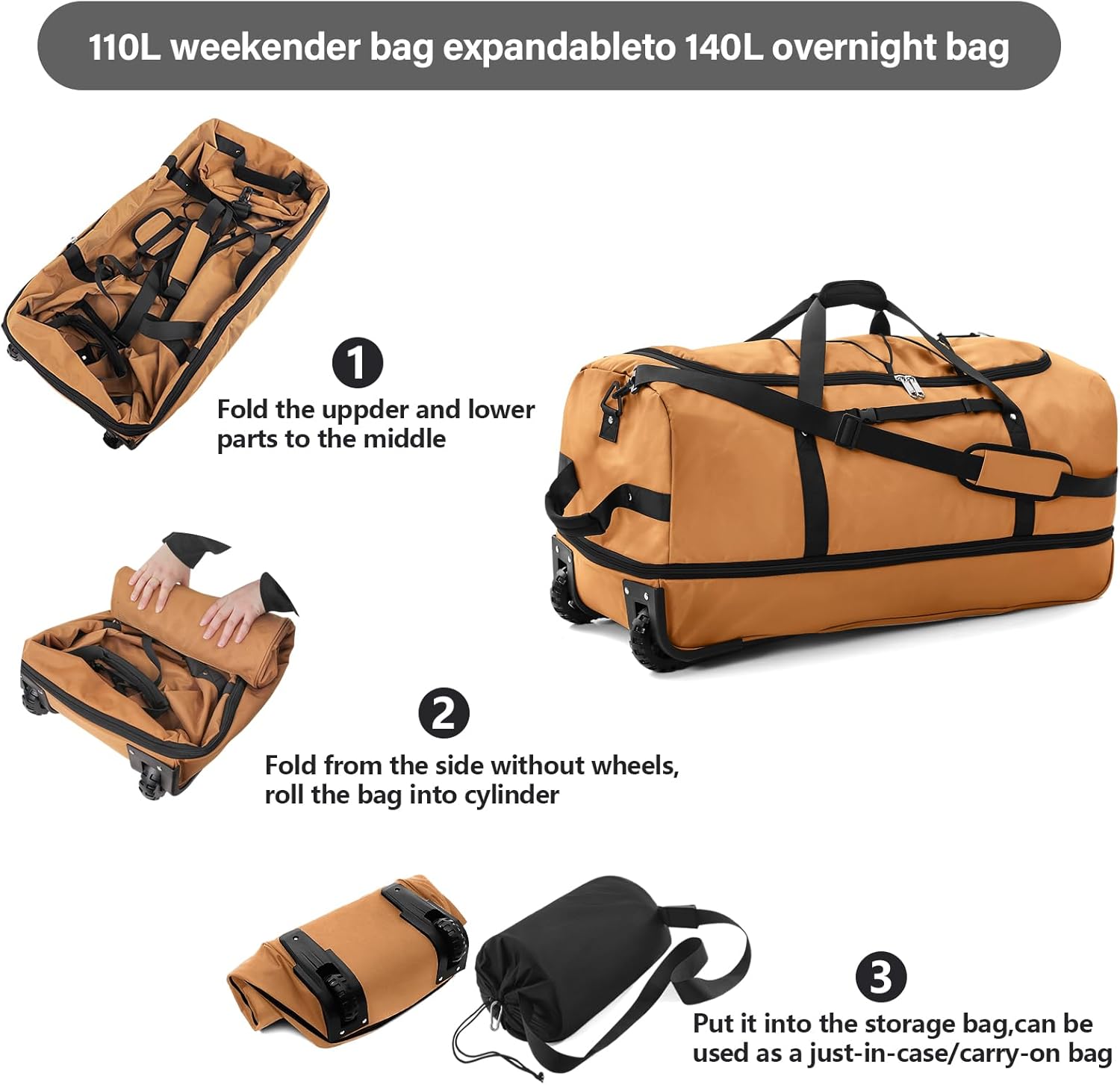 Vomgomfom 32" Soft-Sided Foldable Wheeled Travel Duffel Bag,Expandable 110L to 140L Rolling Cargo Bag with 2 Wheels and Multiple Pockets,Brown - Roamly
