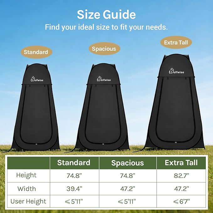 Wolfwise Pop Up Shower Tent for Camping, Portable Instant Changing Tent with Ventilation Window & Carry Bag, Privacy Bathroom Toilet for Beach & Outdoor, Width 40 ", Height 75 ", Black