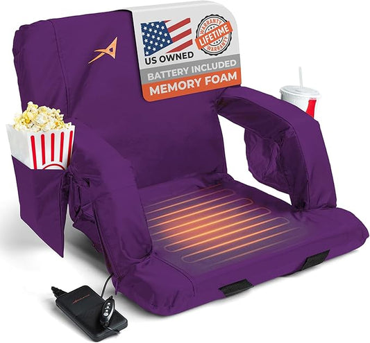 ACELETIQS Heated Stadium Seats for Bleachers with Back Support – USB Battery Included - Upgraded 3 Levels of Heat - Foldable Chair - 4 Pockets, Cup Holder - for Camping, Games & Sports (Purple)