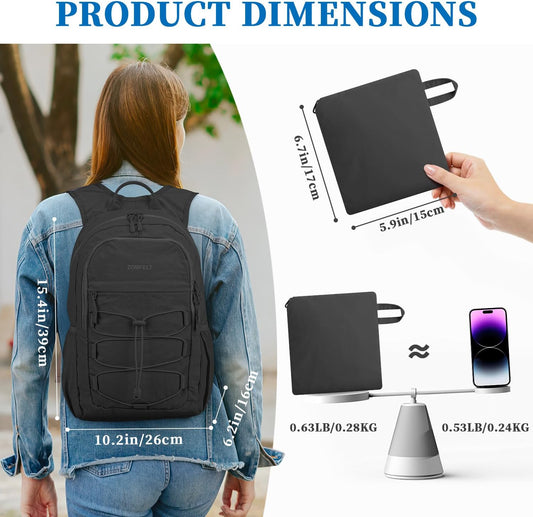 ZOMFELT Hiking Backpack for Women Men, 15L Lightweight Packable Backpack for Trip, Water Resistant Small Travel Backpacks, Foldable daypack for Hiking, Walking, Cycling, Camping, Black - Roamly