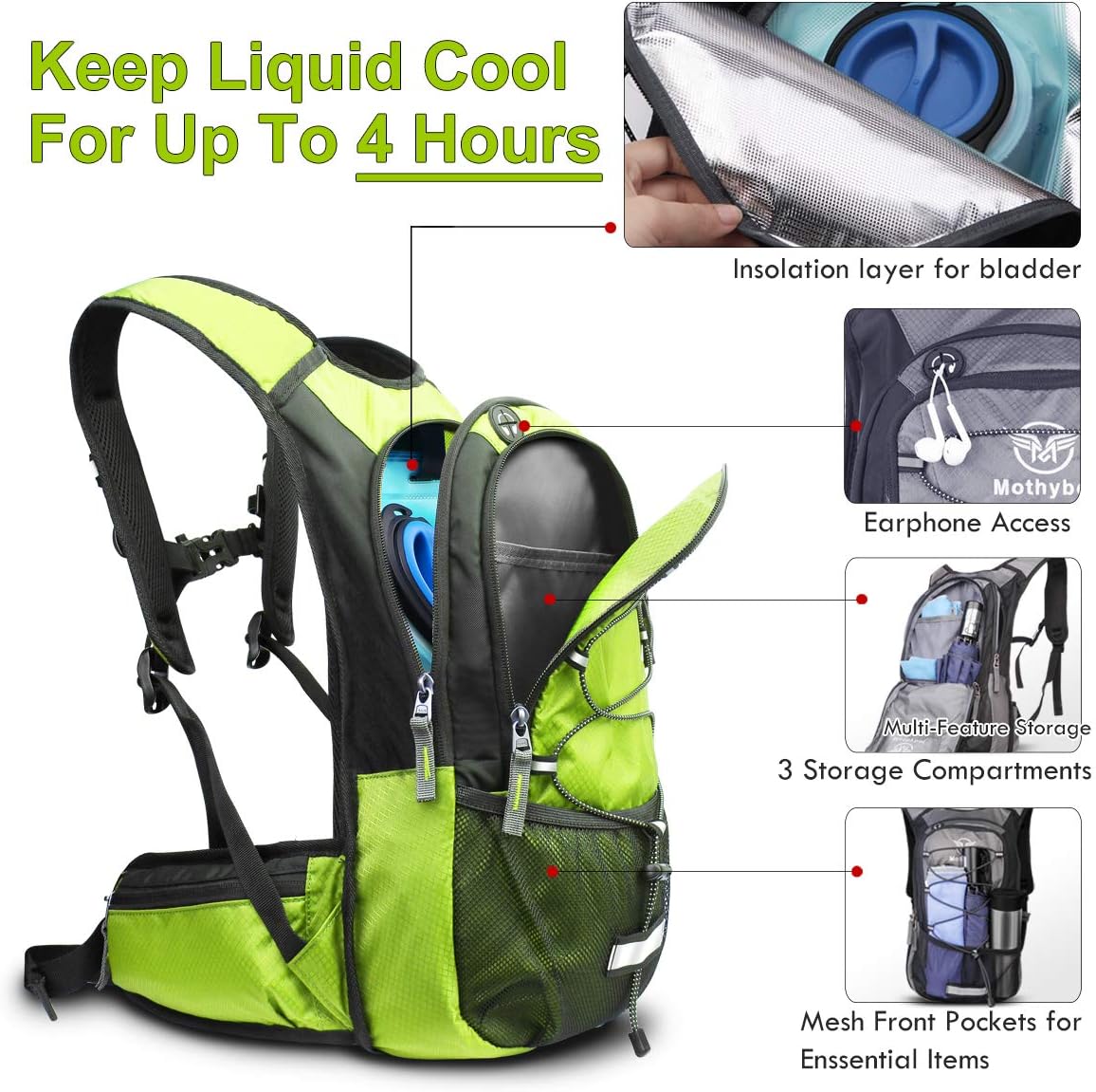 Insulated Hydration Backpack Pack with 3L BPA Free Leak Proof Water Bladder, Large Storage Lightweight Hiking Daypack with Waist Pouches & Cooler Layer, for Running, Biking, Camping, Festival - Roamly