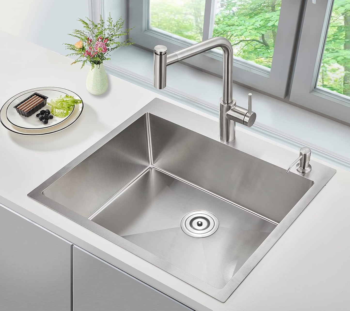 POPFLY 25×18 Inch Drop in Kitchen Sink, 18 Guage Stainless Steel 9 Inch Deep Sink, 25 Inch Top mount Kitchen Single Bowl 2 Holes Sink, Brushed Nickel