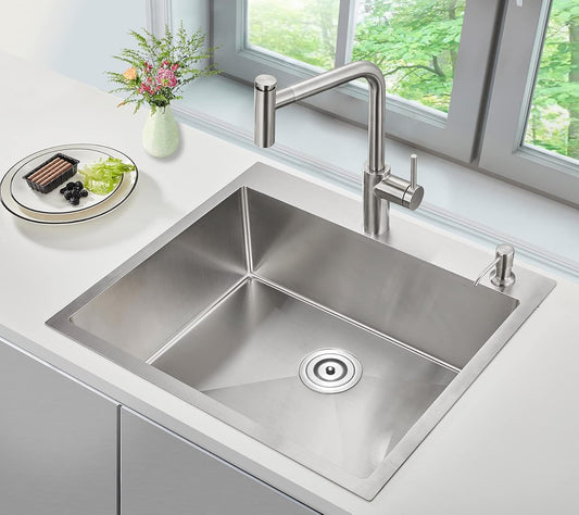 POPFLY 25×18 Inch Drop in Kitchen Sink, 18 Guage Stainless Steel 9 Inch Deep Sink, 25 Inch Top mount Kitchen Single Bowl 2 Holes Sink, Brushed Nickel