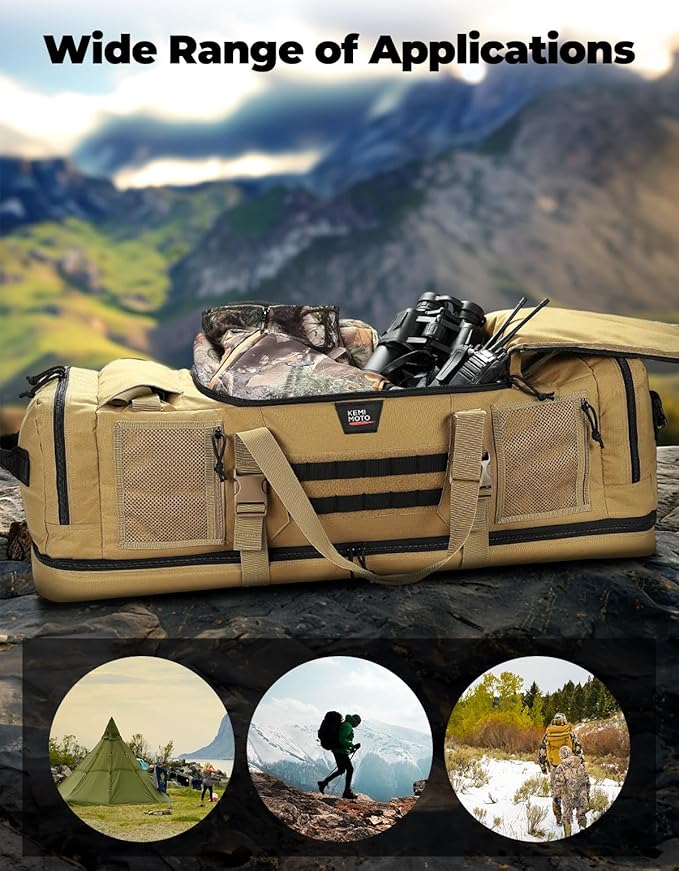 KEMIMOTO Hunting Duffle Bag, 78L large Capacity Travel Gear Bags Tool Range Cases for Long Distance Trips Hiking Hunting Fishing Camping, Multi Pocket Design, Brown Backpackable