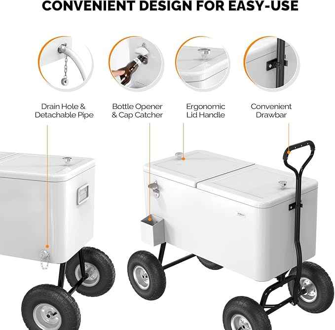 VINGLI 80 Quart Wagon Rolling Cooler Ice Chest, w/Long Handle and 10" Wheels, Portable Beach Patio Party Bar Cold Drink Beverage, Outdoor Park Cart on Wheels