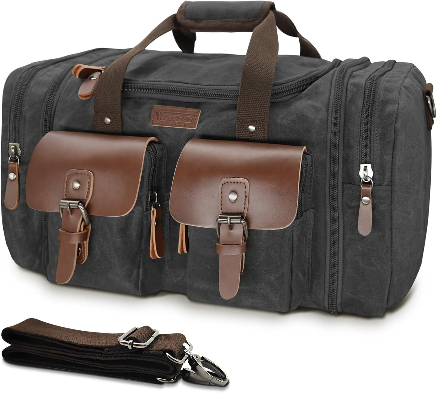 Wildroad 60L Travel Duffel Bag, Expandable Waxed Canvas Genuine Leather Duffle Bag Upgraded Overnight Weekender Bag Carry on Bag (Vintage Black, X Large-60L) - Roamly