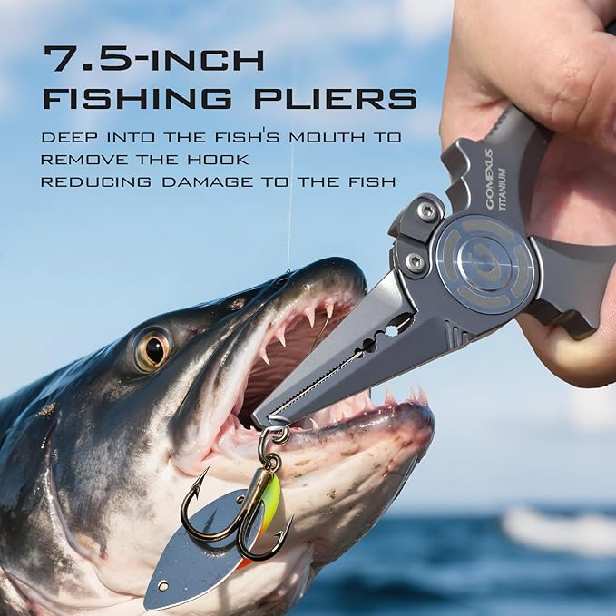 GOMEXUS Titanium Fishing Pliers 7.5'' with Side Cutters, Lanyard & Leather Sheath, Never Rust Hook Remover, Saltwater Resistant, Inshore & Nearshore Fishing (Split Ring Nose, 7.5 INCHES)