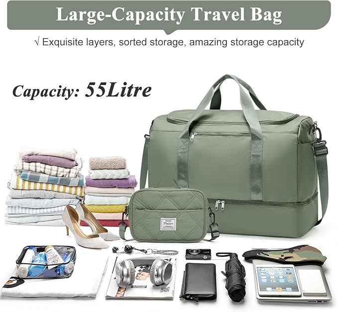 Extra Large Travel Duffle Bag,Carry on Overnight Bag with Shoes Compartment,Weekender Bags for Women for Travel Business Trips Sport Hospital,3 Pcs Set,Green