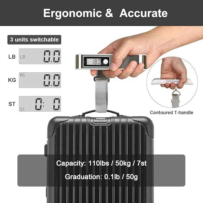 travel inspira Luggage Scale, Portable Digital Hanging Baggage Scale for Travel, Suitcase Weight Scale with Rubber Paint, 110 Pounds, Battery Included