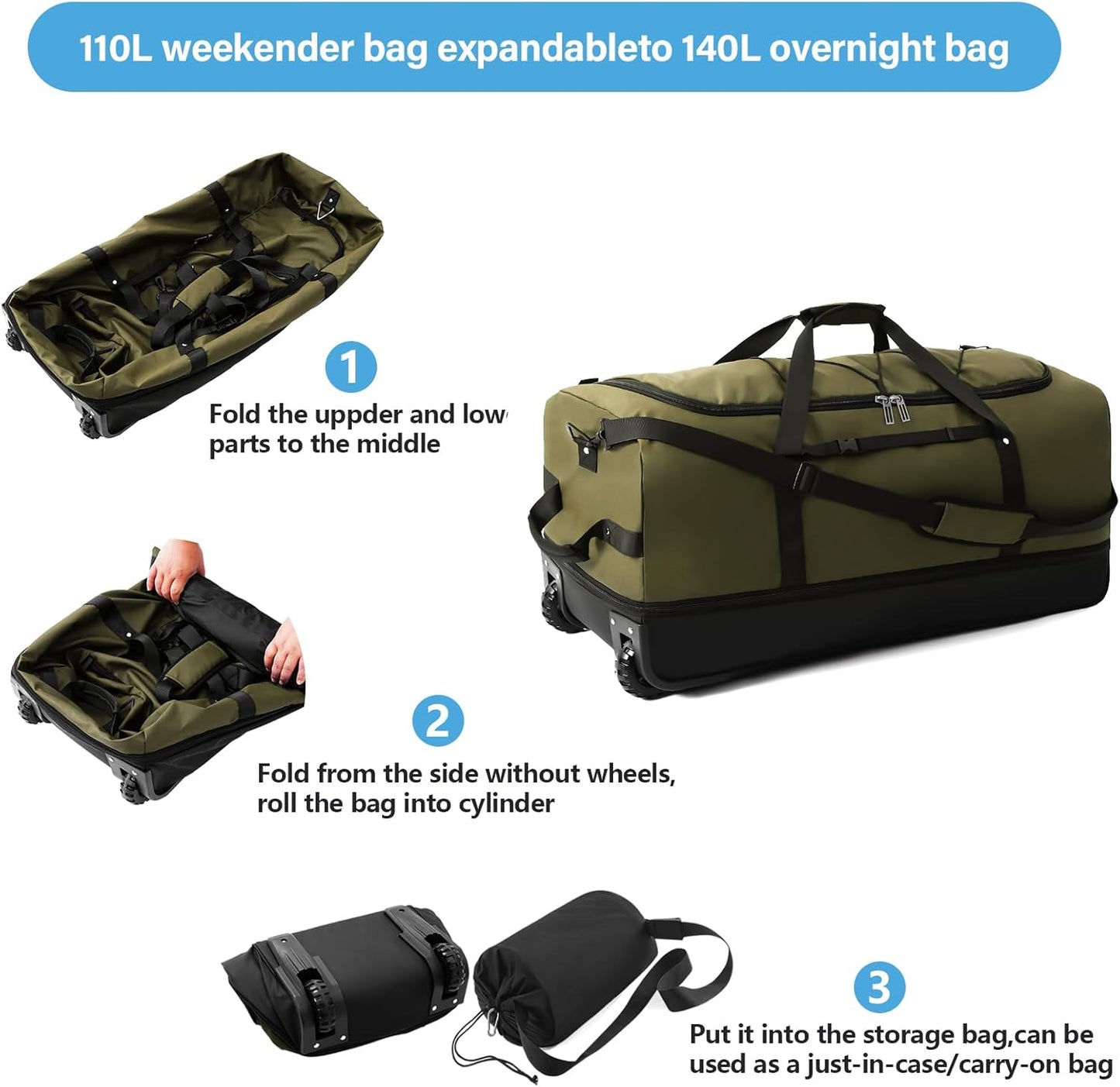 Vomgomfom Wheeled Collapsible Duffel Bag,110L-140L Expandable Checked Luggage, No-Telescopic-Handle with Anti-Burst Zipper & Reinforced Frame,Army Green - Roamly