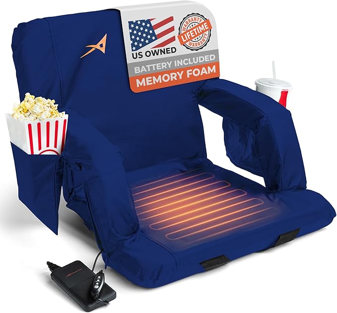 ACELETIQS Heated Stadium Seats for Bleachers with Back Support – USB Battery Included - Upgraded 3 Levels of Heat - Foldable Chair - 4 Pockets, Cup Holder - for Camping, Games & Sports (Navy Blue)