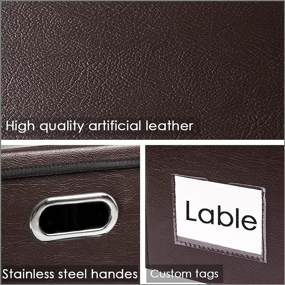 PRANDOM Collapsible Storage Box with Lid [1-Pack] Leather Fabric Foldable Storage Bin Organizer Container Basket Cube with Cover for Home Bedroom Closet Office Nursery Brown (13.6x9.6x6.9)