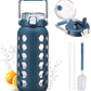 MUKOKO 64oz Glass Water Bottles with Straw and Lid,Half Gallon Water Bottle with Time Marker,Large Glass Water Jug with Silicone Sleeve and Stainless Steel Handle-Blue