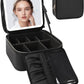 Relavel Makeup Bag with Light Up Mirror, Makeup Case Travel Cosmetic Bags Brush Organizer Storage Box, Rechargeable Vanity Mirror with 3 Color Lights, High Frame Mirror Protection (Black)