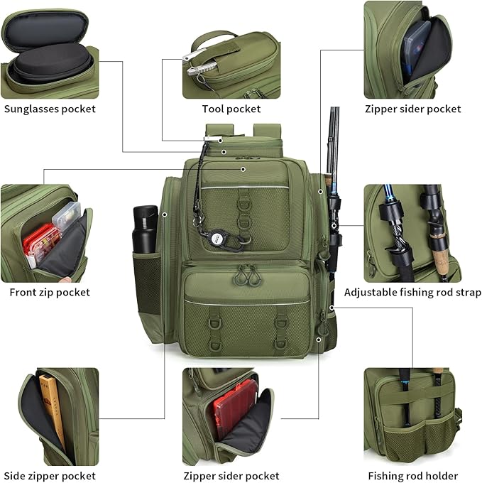 WANOON Fishing Backpack,Tackle Bag,with Tackle Boxes. Large Fishing Bag, Strong Materials