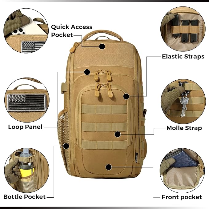 DBTAC Tactical Personal Defense EDC Bags & Packs | 10L Military Shoulder Backpack with Sling for Concealed Carry, Range, Travel, Hiking, Outdoor Sports (Brown)