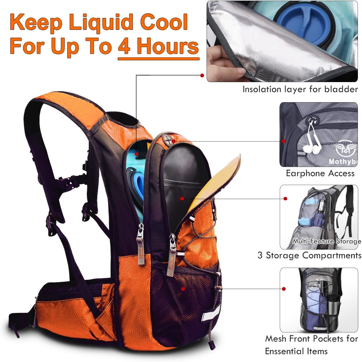 Insulated Hydration Backpack Pack with 3L BPA Free Leak Proof Water Bladder, Large Storage Lightweight Hiking Daypack with Waist Pouches & Cooler Layer, for Running, Biking, Camping, Festival - Roamly