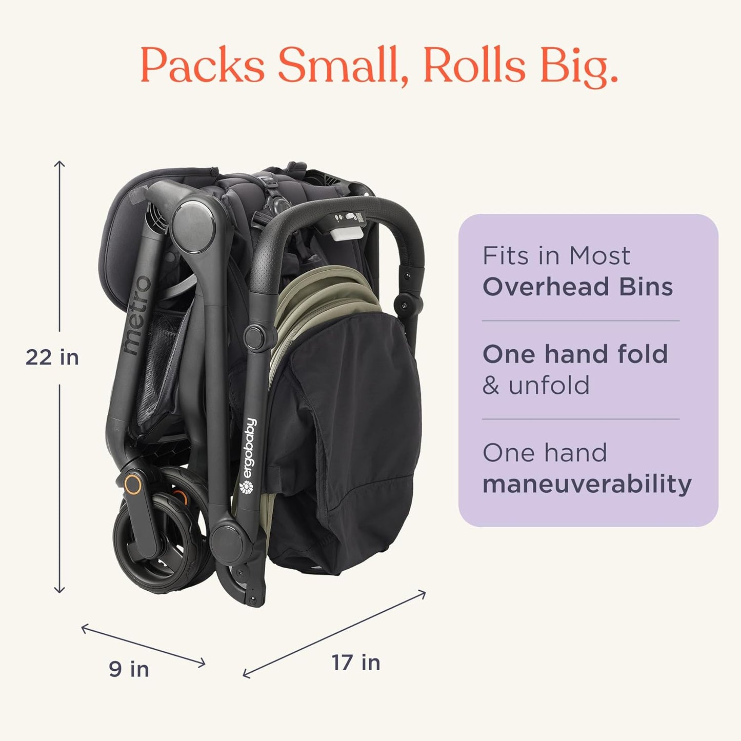 Ergobaby Metro 3 All in One Compact Baby Stroller, Lightweight Travel Stroller, Easy One-Hand Fold for Overhead Airplane Storage (Carries up to 50 lbs), Car Seat Compatible, Natural Beige