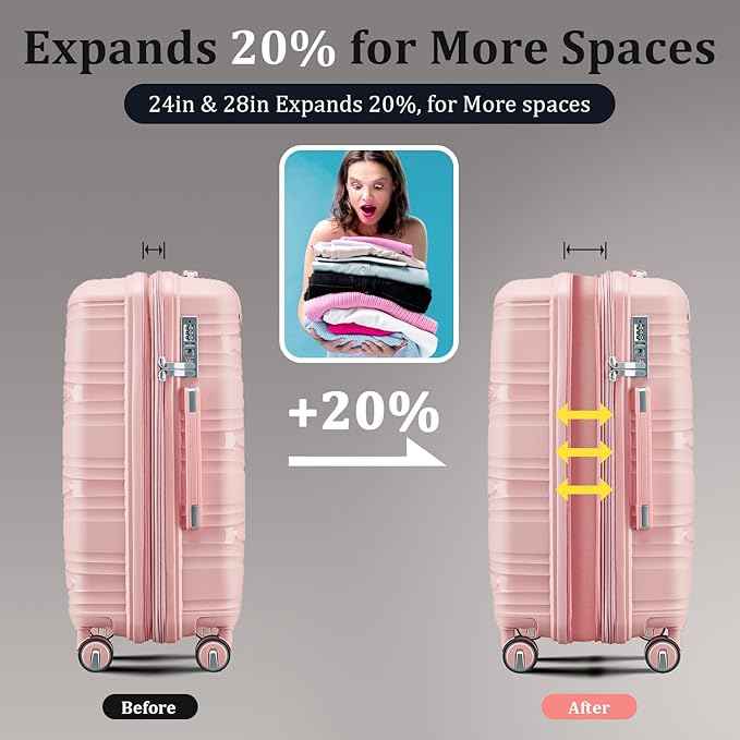 4 Piece Expandable Hardshell Pink Luggage Sets with Spinner Wheels, Lightweight Travel Suitcase Set with TSA Locks, 20 inch Carry On for Women (Pink, 4 Piece Set)