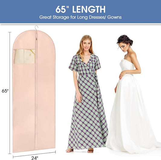 Dress Bags for Gowns, 65'' Pink Garment Bags for Hanging Clothes, Dress Garment Bag Women, Long Dress Cover with Clear Window for Dresses, Coats, Uniforms（2 Pack）