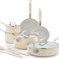 GreenPan x Bobby Flay 13 Piece Nonstick Cookware Pots and Pans Set, PFAS-Free Diamond Ceramic, Induction Suitable, Easy Clean Dishwasher & Oven Safe, Stay-Cool Silicone Handles, Glass Lids, Cream
