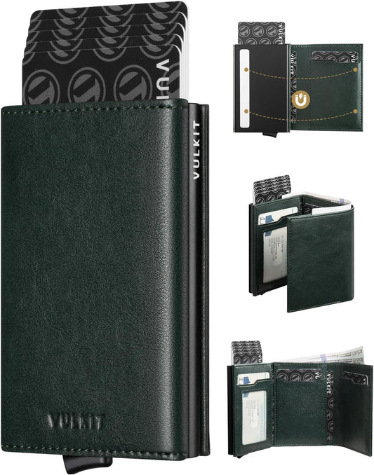 VULKIT Pop up Card Wallet Minimalist Cash Wallets RFID Blocking Leather Smart Credit Card Holder with ID window for Men(Green)