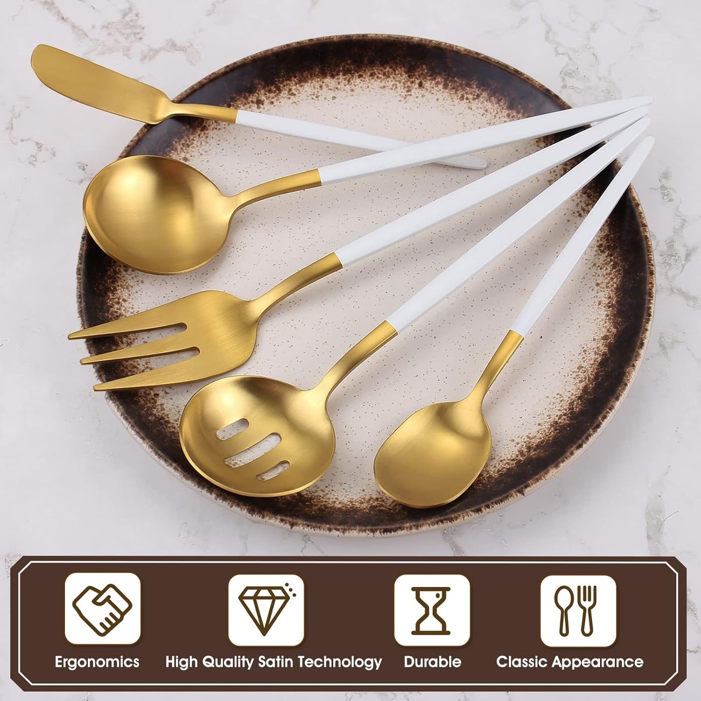 Matte White Gold Serving Silverware Set, 5-Piece Round Shared Utensils Set of Stainless Steel, Hostess Flatware Serving Set, Satin Finish, Dishwasher Safe