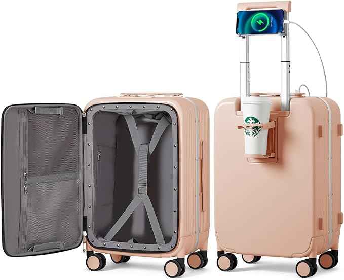 mixi Carry On Luggage with Cup Phone Holder and Charger Hard Shell Suitcases with Spinner Wheels,20 Inch Light Pink