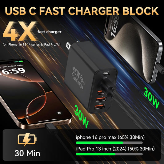 USB C Charger Block, 65W USBC Wall Charging Blocks 6-Port PD & QC Power Adapter Multiport Type C Fast Chargers Plug Cube Brick for iPhone 16/15/14/13/12/Pro Max,iPad Pro,Samsung Galaxy S25 Black