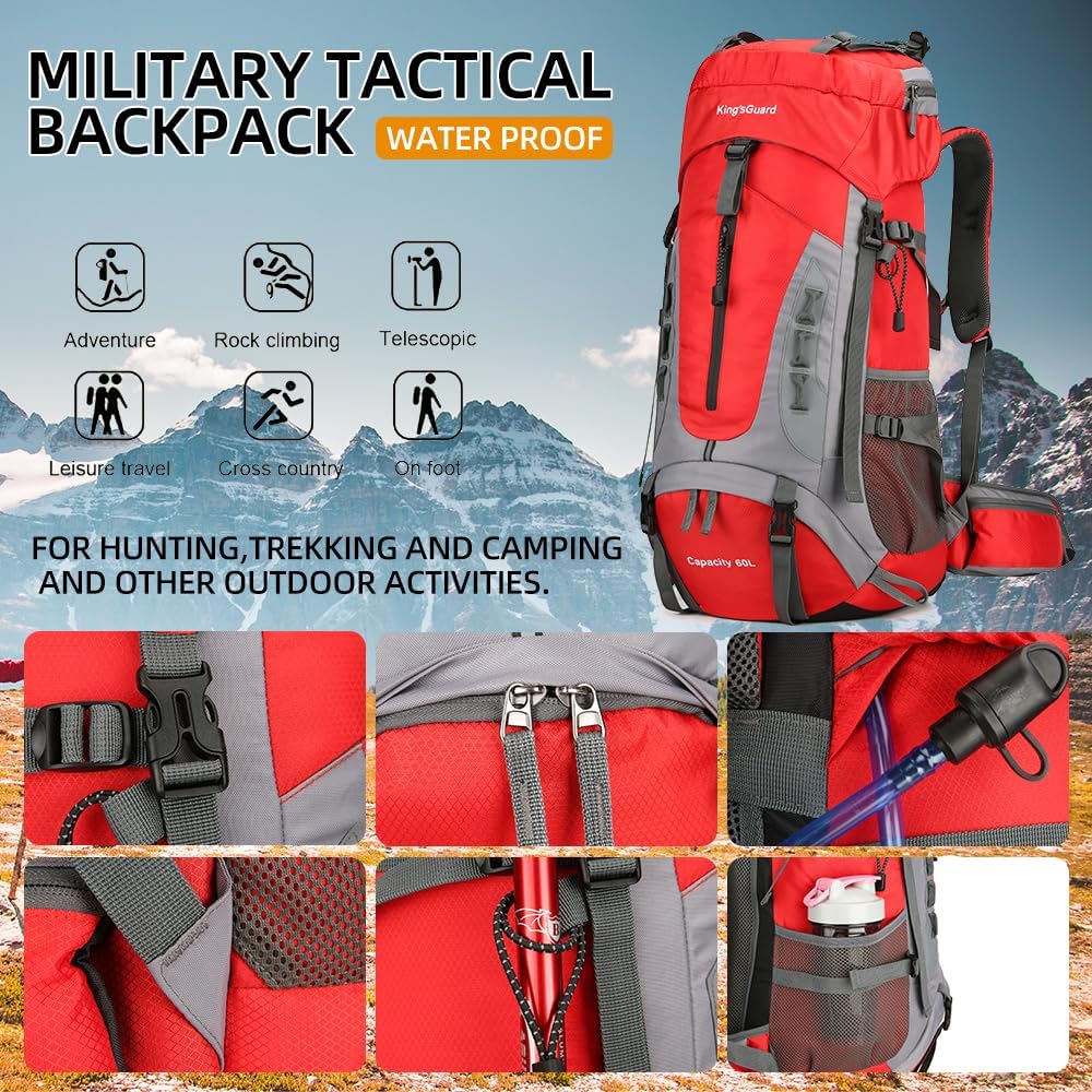 King'sGuard 60L Hiking Backpack Lightweight Camping Backpack with Rain Cover Large Waterproof Packable Outdoor Trekking Travel Backpack for Men Women (Red) - Roamly