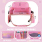 MENZOKE Kids Travel Tray for Toddler Car Seat, Lap Tray for Girl Activities with Dry Erase Board & Cooler Cup Holder, Road Trip Essentials Accessories with No-Drop Large Tablet iPad Holder Stand,Pink