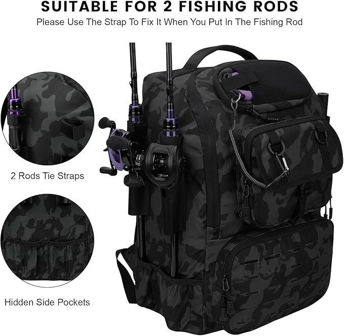 Hp hope Fishing Backpack with Rod Holders & Cooler, 40L Fishing Tackle Bag Fishing Tackle Storage Backpack Fishing Gear for Camping, Black Camo