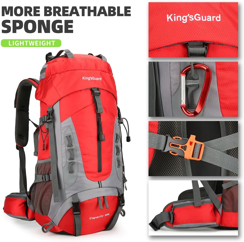 King'sGuard 60L Hiking Backpack Lightweight Camping Backpack with Rain Cover Large Waterproof Packable Outdoor Trekking Travel Backpack for Men Women (Red) - Roamly