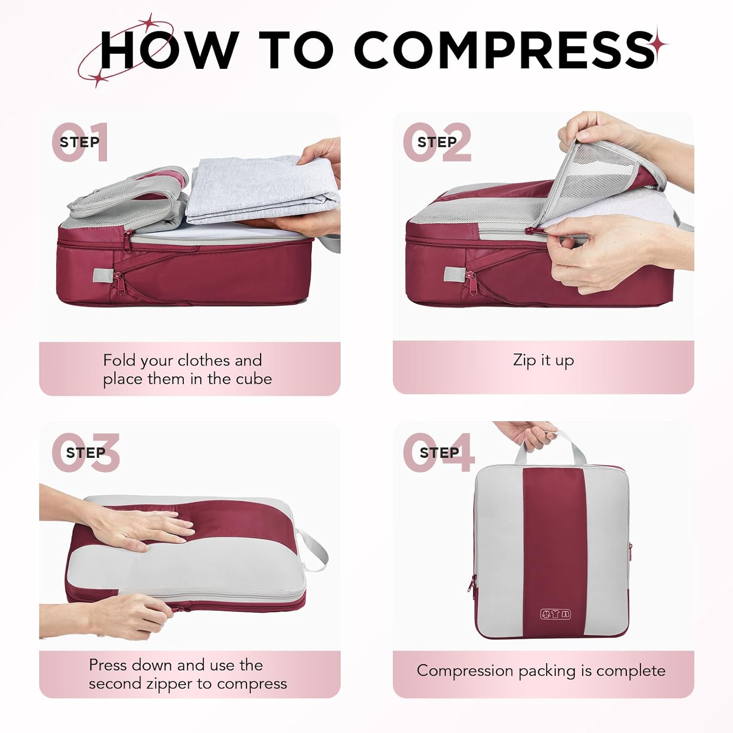 10 Set Compression Packing Cubes for Travel Essentials,Compressible Expandable Packing Cubes for Suitcase,OlarHike Luggage Organizer Bags for Travel,Handy Helper for Organizing Clothes(Wine Red) - Roamly