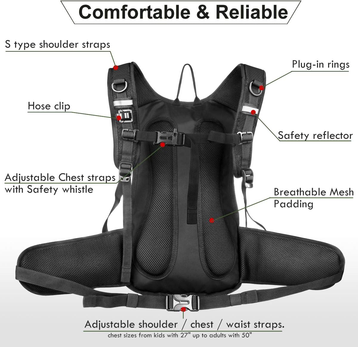Insulated Hydration Backpack Pack with 3L BPA Free Leak Proof Water Bladder, Large Storage Lightweight Hiking Daypack with Waist Pouches & Cooler Layer, for Running, Biking, Camping, Festival - Roamly