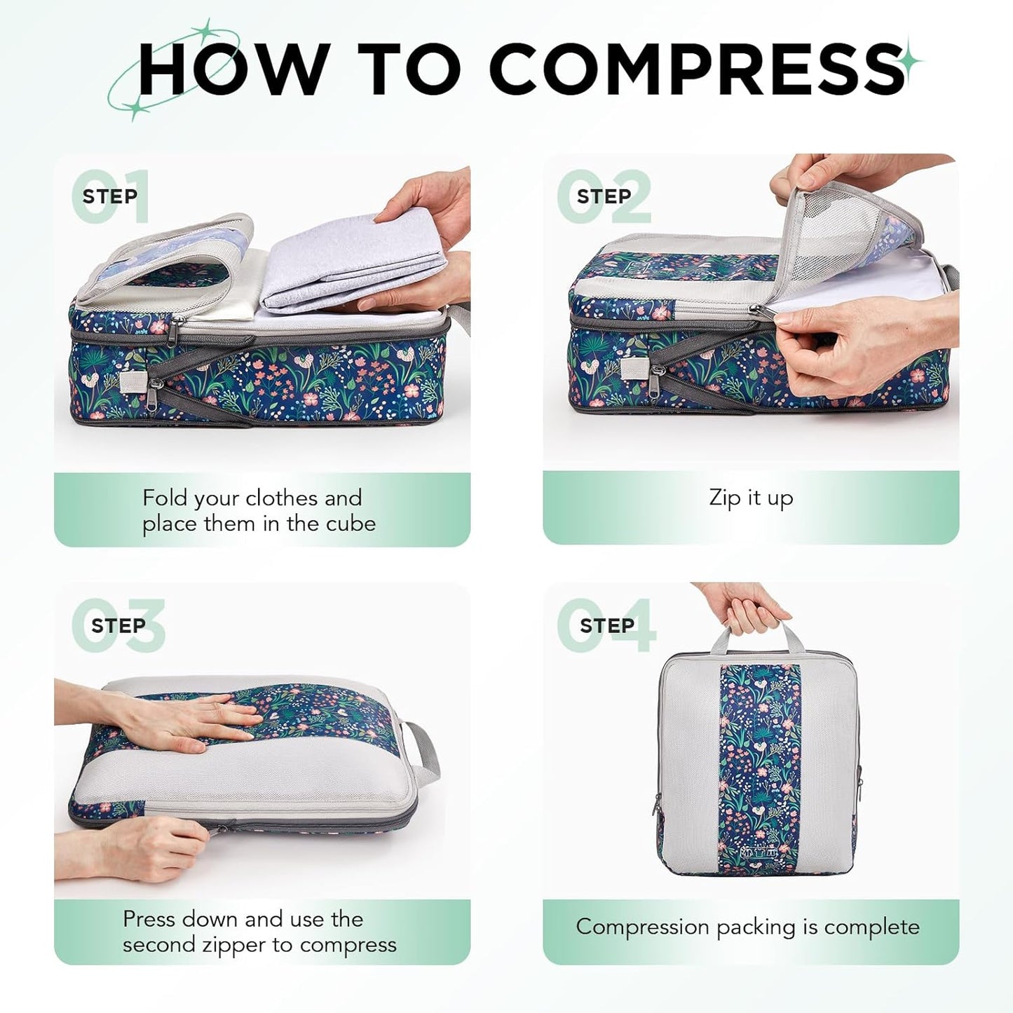 10 Set Compression Packing Cubes for Travel Essentials,Compressible Expandable Packing Cubes for Suitcase,OlarHike Luggage Organizer Bags,Handy Helper for Organizing Clothes(Dark Blue Floral) - Roamly