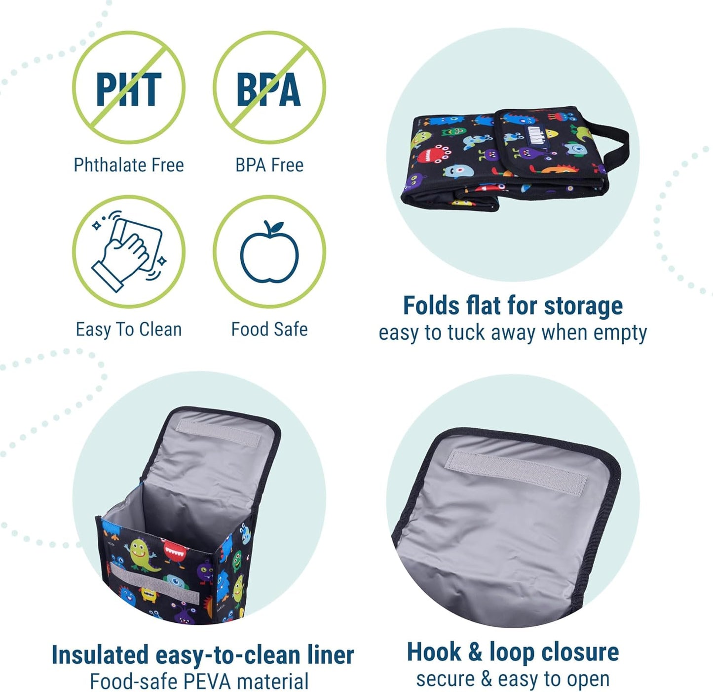 Wildkin Kids Insulated Lunch Bag – Reusable, Ideal for Hot/Cold Snacks, School & Travel - Monsters