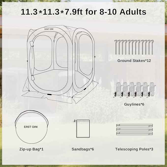 East Oak Screen House Tent Pop-Up, Portable Screen Room Canopy Instant Screen Tent 12 x 12 FT with Carry Bag for Patio, Backyard, Deck & Outdoor Activities, Beige