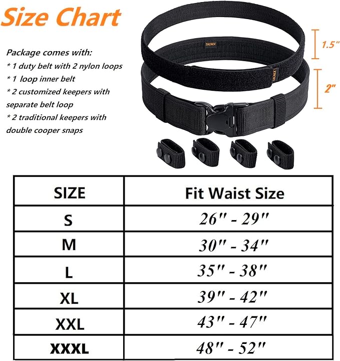 TACNEX Duty Belt w/Hook Lining 4 Keepers 2" Police Law Enforcement Officer Security Nylon Outer Inner Belt