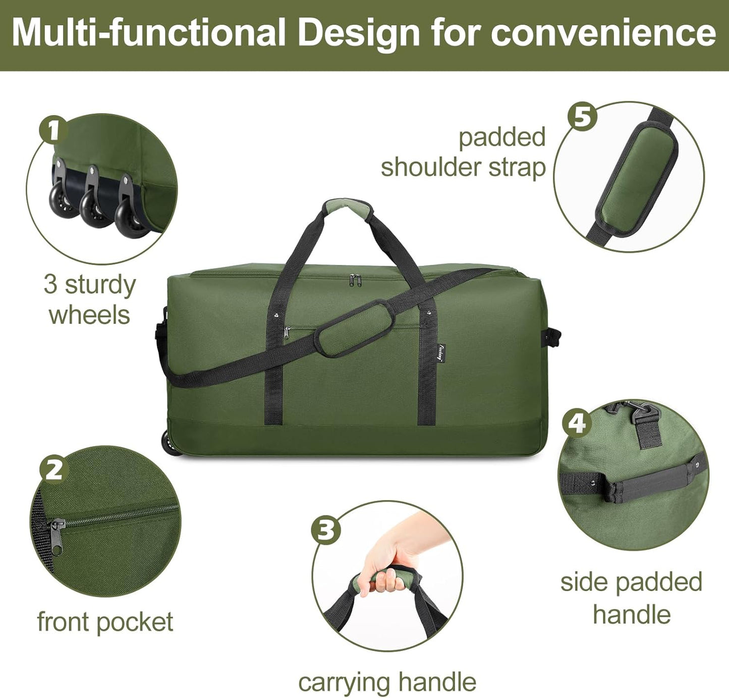 Finnhomy 120L Foldable Rolling Duffel Bag with 3 Wheels, Light Weight Travel Duffel bag with Large Loading Capacity, 32 inch Rolling Duffel bag with Shoulder Strap for Travel Camping Sports - Roamly